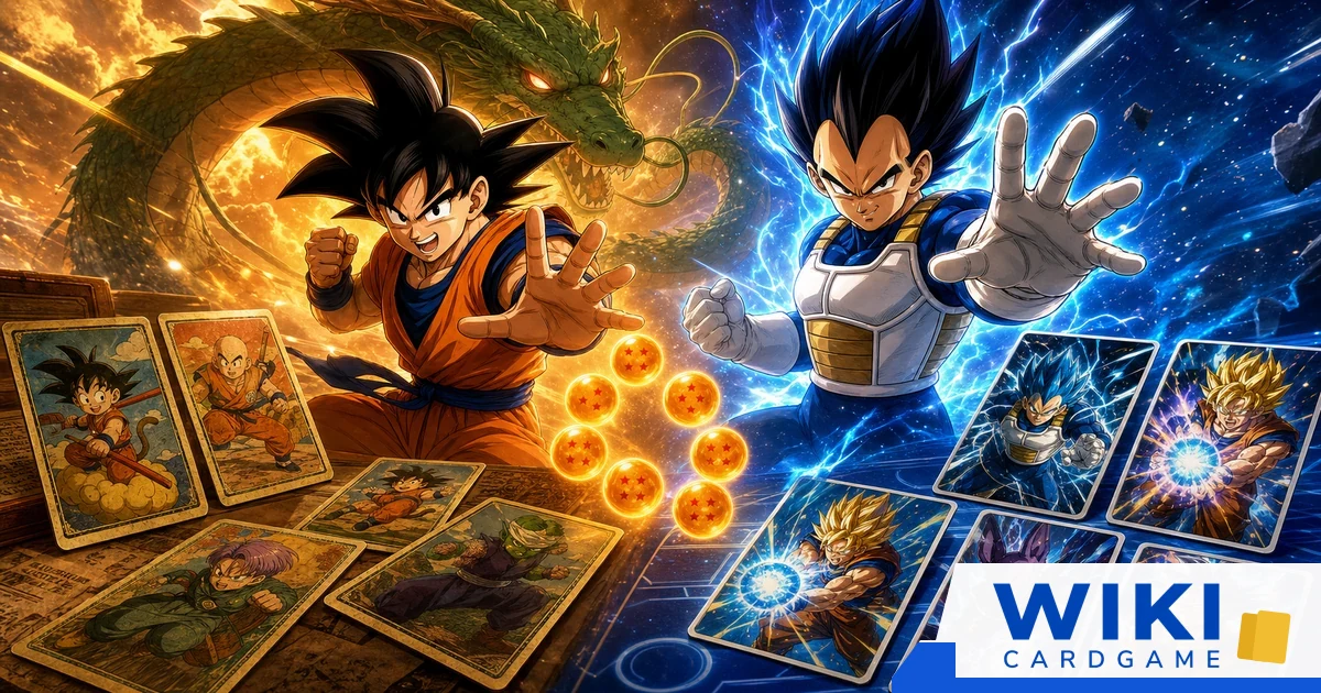 หน้าปกบทความการ์ดดราก้อนบอล มี Son Goku, Vegeta, Shenron และการ์ดสะสมยุค 90 เทียบกับ Fusion World