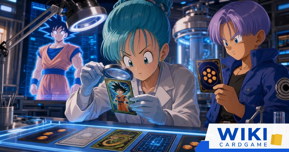 หน้าปกเช็กลิสต์ตรวจการ์ด Dragon Ball Fusion World มี Bulma ใช้แว่นขยายตรวจการ์ด และ Trunks ถือการ์ดเทียบ