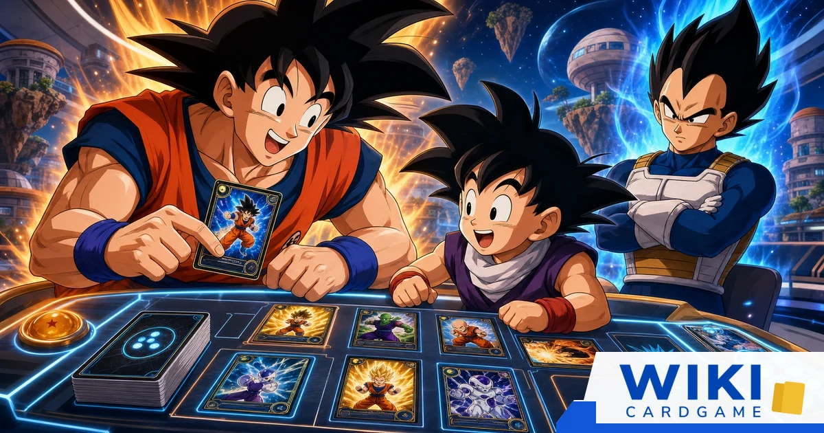 หน้าปกคู่มือ Dragon Ball Fusion World มือใหม่ มี Son Goku สอน Gohan เล่นการ์ดบนโต๊ะพลังงาน โดยมี Vegeta ยืนดู