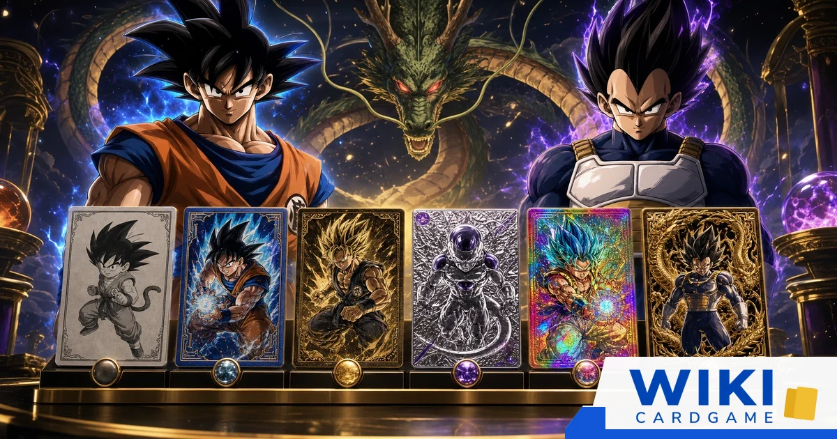 หน้าปกไกด์ระดับการ์ด Dragon Ball Fusion World มี Son Goku, Vegeta และ Shenron พร้อมการ์ดหลายงานพิมพ์เรียงกัน