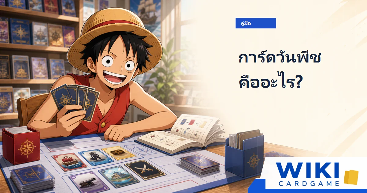 หน้าปกไกด์มือใหม่การ์ดวันพีช มี Monkey.D.Luffy ถือการ์ดอยู่ที่โต๊ะเล่นในร้านการ์ด