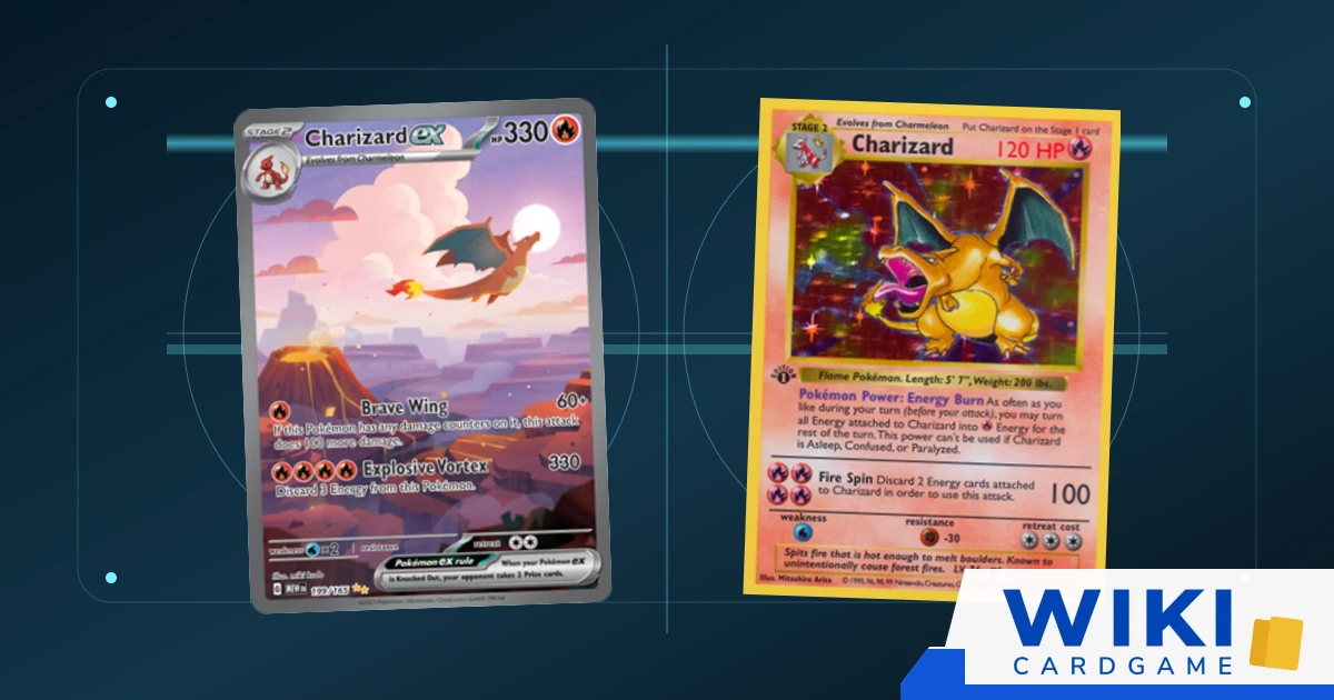 หน้าปกเช็กลิสต์การ์ดโปเกม่อนของแท้ มีแว่นขยายตรวจ Charizard ex sv3pt5-199 เทียบกับ Charizard base1-4