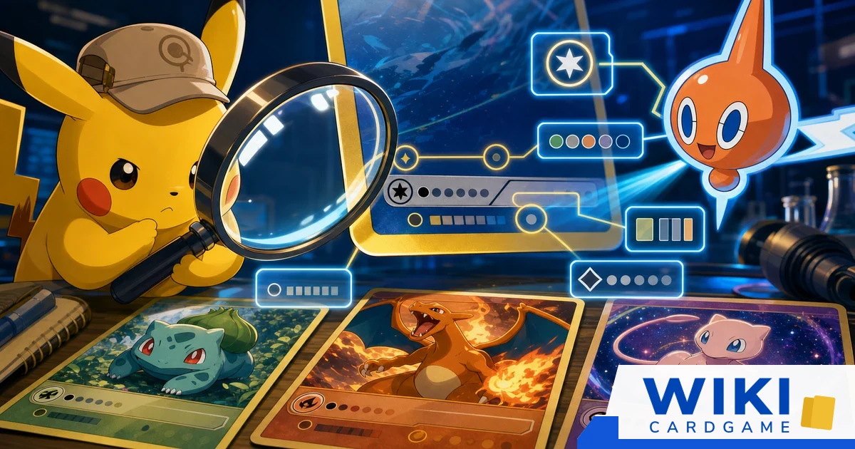 หน้าปกไกด์รหัสการ์ดโปเกม่อน มี Pikachu ใช้แว่นขยายตรวจสัญลักษณ์บนการ์ด โดยมี Rotom ช่วยวิเคราะห์