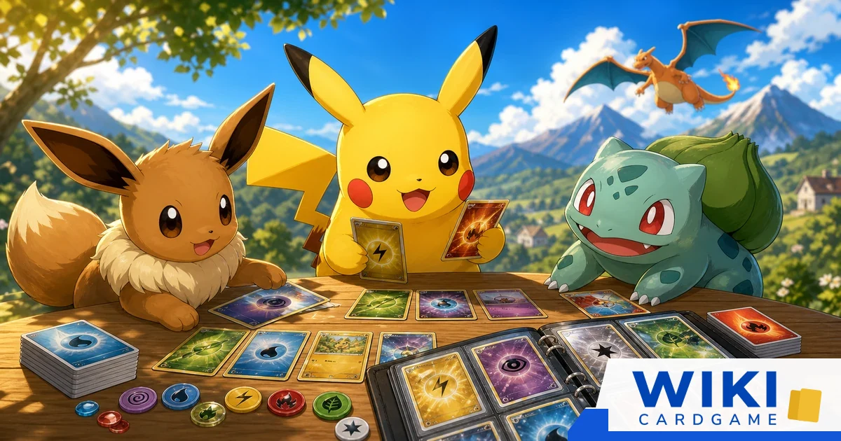 หน้าปกคู่มือมือใหม่การ์ดโปเกม่อน มี Pikachu, Eevee และ Bulbasaur เรียนเล่นการ์ด พร้อมแฟ้มสะสมและ Charizard