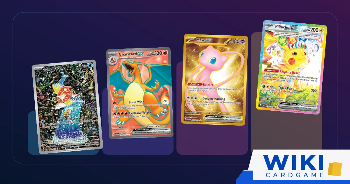 หน้าปกคู่มือระดับการ์ดโปเกม่อน แสดง Magikarp, Charizard ex, Mew ex และ Pikachu ex ไล่ระดับความหายาก