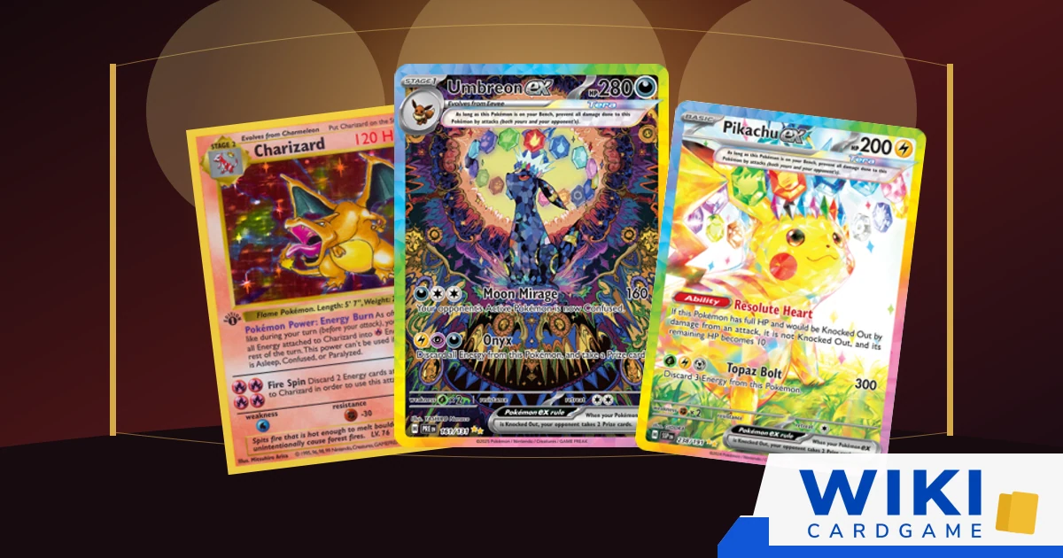หน้าปกบทความการ์ดโปเกม่อนที่แพงที่สุด มี Charizard Base Set, Umbreon ex และ Pikachu ex ในฉากประมูล