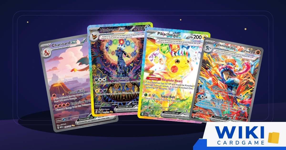 หน้าปกบทความการ์ดโปเกม่อนหายาก มี Charizard ex, Umbreon ex, Pikachu ex และ Greninja ex ในตู้สะสม