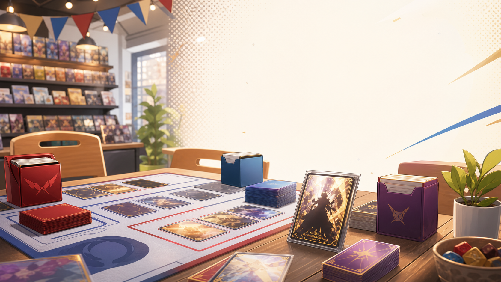 ภาพประกอบอีเวนต์การ์ดเกมแบบสบาย ๆ บนโต๊ะเล่น มีเด็คการ์ดและบรรยากาศร้านการ์ด